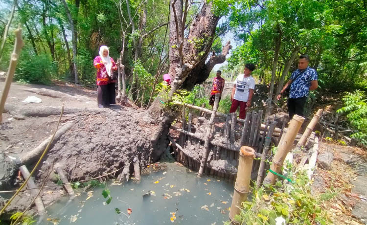 TAK PERNAH SURUT: Kades dan aparatur Desa&nbsp; Gerongan, Kecamatan Kraton, mengunjungi area Sumber Banyu Pahit di perbatasan Raci, Kecamatan Rembang.