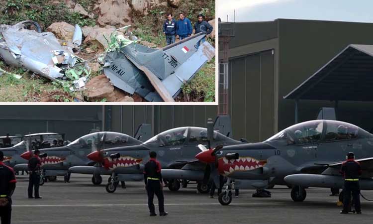 Pesawat sejenis Super Tucano saat di Lanud Malang. Inset kondisi pesawat Super Tucano usai terjatuh di Keduwung, Puspo, Kabupaten Pasuruan. (Istimwa)