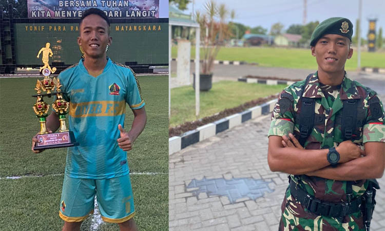 DUA SISI: Farhan Dimas saat mengenakan jersey Biver FC, tim milik Yonzipur 10. Foto kanan, Farhan dengan seragam dinasnya sebagai anggota tentara.
