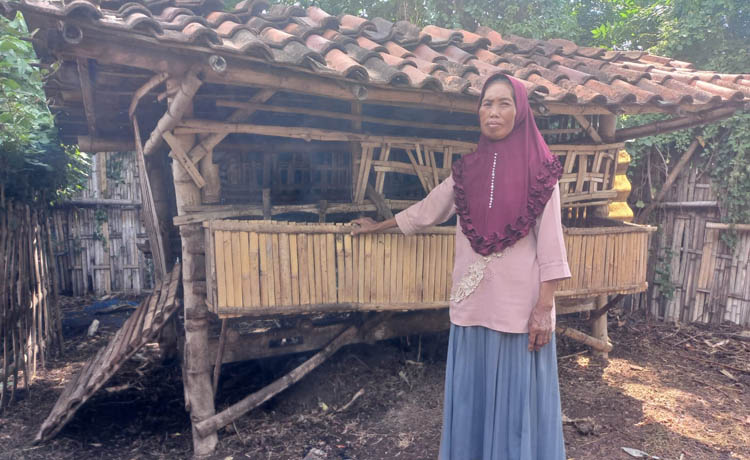 KORBAN: Sani, seorang warga Desa Sumberbulu, Kecamatan Tegalsiwalan, di kandang kambing yang disatroni maling, Minggu (26/11) malam.