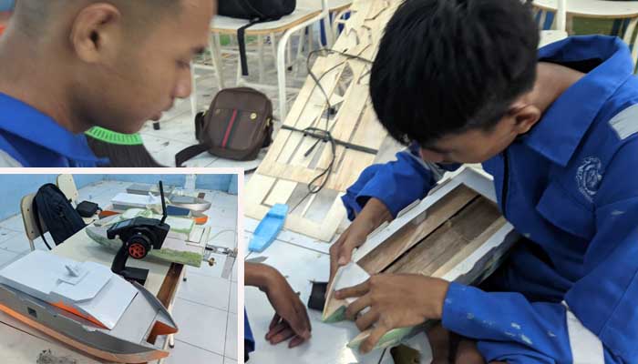 Siswa NKPI SMKN 4 Probolinggo saat praktik membuat remote control speedboat. Inset, speedboat kreasi siswa.