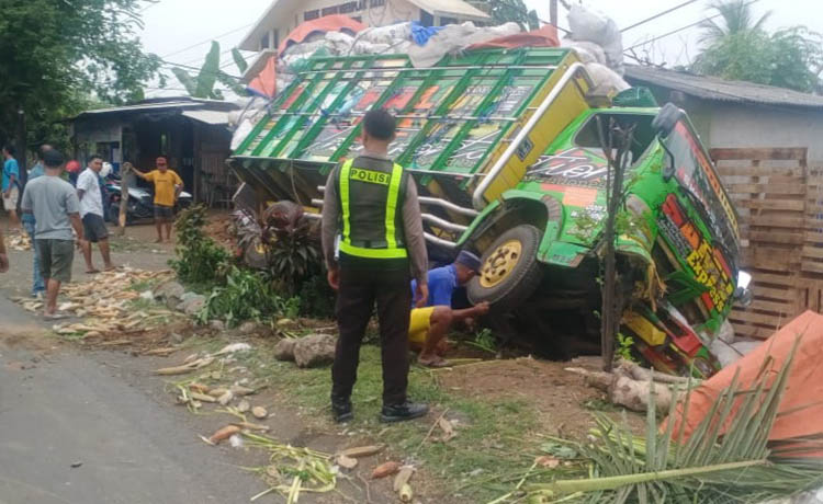 OVER MUATAN: Truk muatan kapuk yang menabrak rumah warga di Jalan raya Rejoso, sebelum dievakuasi.