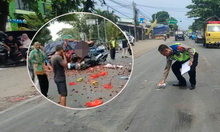 OLAH TKP : Personel Satlantas Polres Probolinggo melakukan olah TKP kecelakaan maut di Jalan Raya Pantura Desa Karanganyar, Kecamatan Paiton, Kabupaten Probolinggo. Inset, Pikap usai kecelakaan.