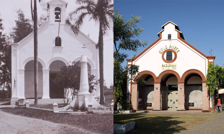GAYA ARSITEKTUR GOTIK: De Protestantse Kerk te Pasoeroean saat dipotret pada 1929 (kiri) dan Gedung De Protestantse Kerk te Pasoeroean yang kini jadi GPIB Jemaat PNIEL.
