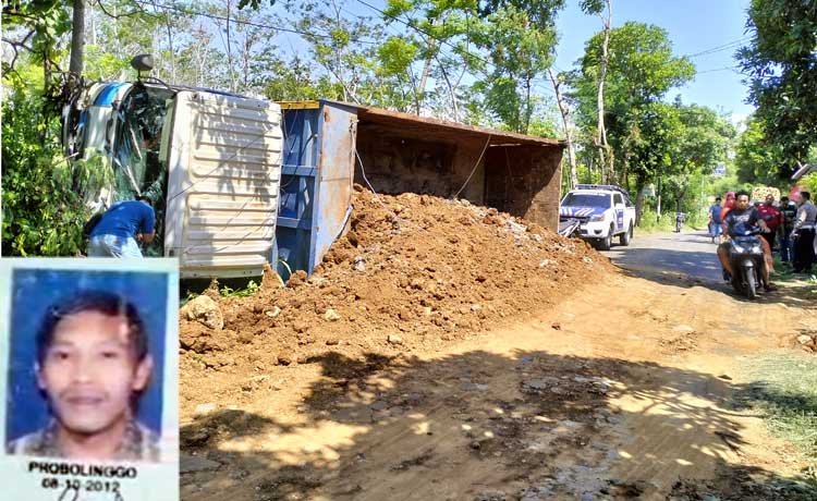 TERGULING: Truk tronton muat sirtu untuk proyek Tol Probowangi terguling setelah menabrak dua motor di jalan Desa Condong, Kecamatan Gading, Kabupaten Probolinggo. Inset salah satu korban semasa hidup