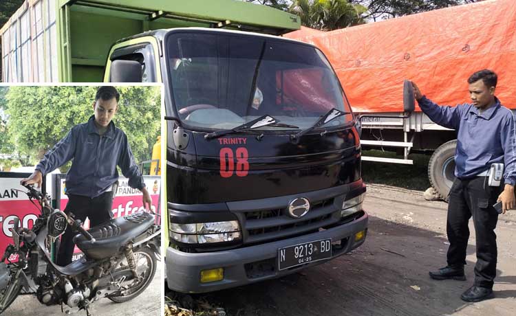 BARANG BUKTI: Truk dan motor yang terlibat kecelakaan maut di Pandaan saat diamankan petugas.