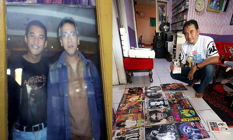 KOLEKSI MAJALAH: Yuwana Puspa Indra, menunjukkan sejumlah koleksi majalah yang berkaitan dengan Iwan Fals. Dan Yuwana saat berfoto dengan idolanya.
