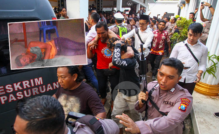 DIKEPUNG WARGA: Personel kepolisian dengan membawa senjata, mengamankan Yas untuk dievakuasi ke Mapolres Pasuruan, Selasa (2/1) sore. Inset, Yas yang diamankan setelah dimassa.