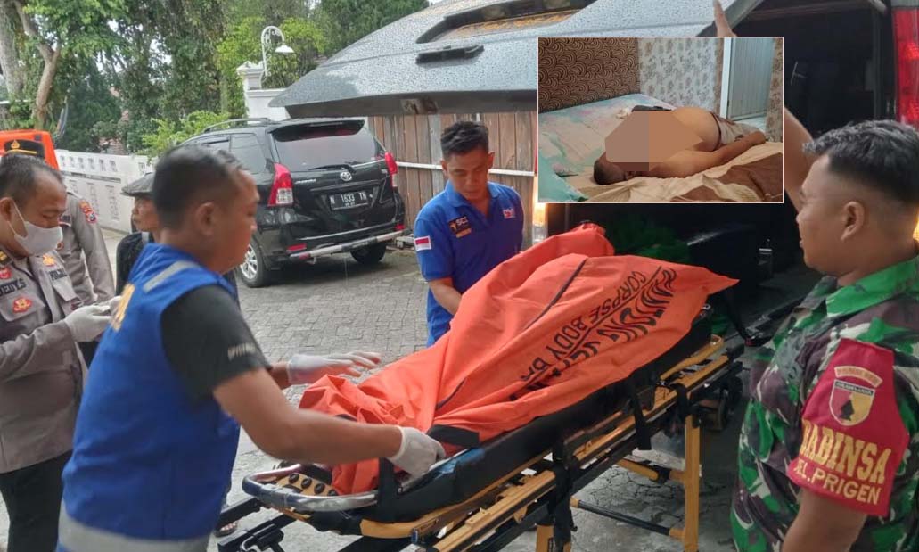 EVAKUASI: Petugas membawa jenazah Sw (inset) yang ditemukan di dalam kamar sebuah villa di Prigen, Selasa (9/1).