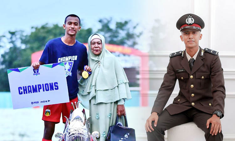 DUA SISI: Fran Adi Saputra bersama ibunya, Chodidjah saat memperkuat kesebelasan Bhayangkara U-17 pada Piala Soeratin. Inset, Fran Adi Saputra yang juga polisi usai lulus SPN.