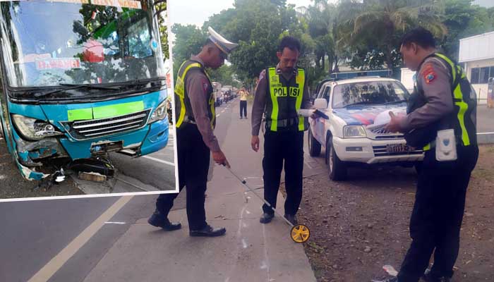NAHAS: Petugas kepolisian saat melakukan olah TKP kecelakaan maut di Kejayan. Inset kondisi bus Madju Sejahtera yang menabrak motor di Kejayan.