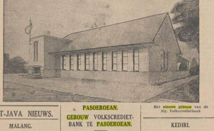 DULU: Bank Perkreditan Rakyat Umum atau disebut Algemene Volkscredietbank dalam iklan surat kabar zaman dulu yang kini menjadi gedung BRI Pasuruan.