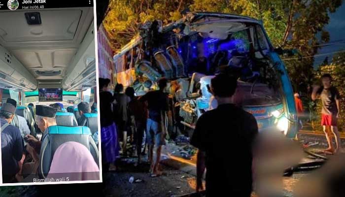 Kondisi bus yang dinaiki rombongan ziarah wali 5 asal Karangjati, Pandaan usai tabrakan dengan truk di Bungah Gresik. Inset kondisi di dalam bus sebelum kecelakaan terjadi.
