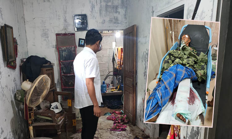 TKP: Petugas memeriksa rumah Misdi (Inset) yang dilempar bondet, Selasa (29/1) dini hari. Misdi yang mengalami luka bakar akibat ledakan bondet, dirawat di RSUD dr R Soedarsono.