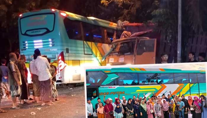 Kondisi bus muat rombongan ziarah wali 5 asal Karangjati Pandaan usai tabrakan dengan truk di Bungah, Gresik. Inset rombongan berpose bersama sebelum berangkat. (Istimewa)