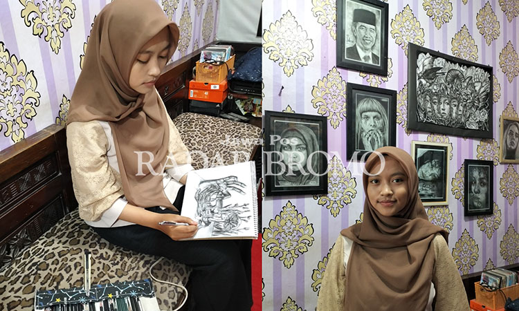 SIAPKAN PAMERAN: Nela Cahya Anggraini, 18, sedang bersiap mengikuti pameran lukis di Purwosari, Kabupaten Pasuruan, bulan ini.