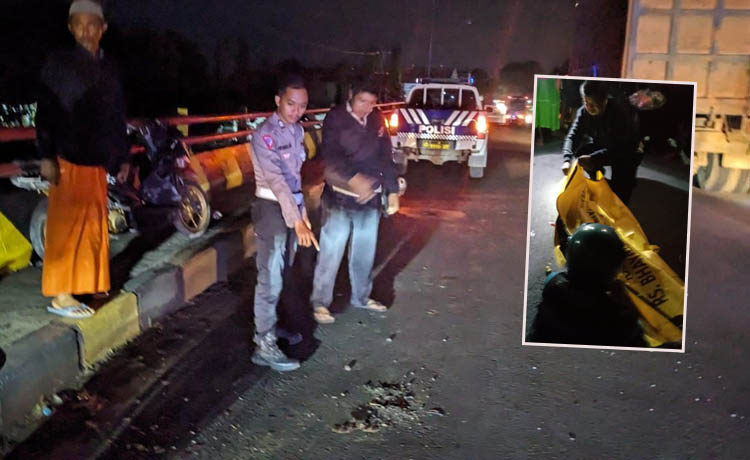 OLAH TKP: Petugas Satlantas di lokasi kejadian kecelakaan tabrak lari di Jembatan Randumerak, Paiton. Inset, Jenazah korban sebelum dievakuasi dari lokasi.