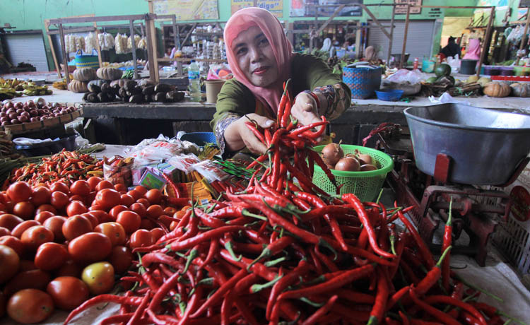 CARI REZEKI: Pedagang cabai di Pasar Kebonagung di lapaknya.