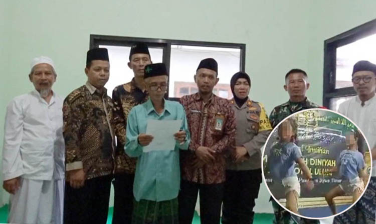 MENYESAL: Pengurus Madin Roudlotul Ulum didampingi pengurus MWC NU Kejayan serta aparat, menyampaikan permohonan maaf. Inset, aksi joget yang digelar saat imtihan yang dianggap tak pantas.
