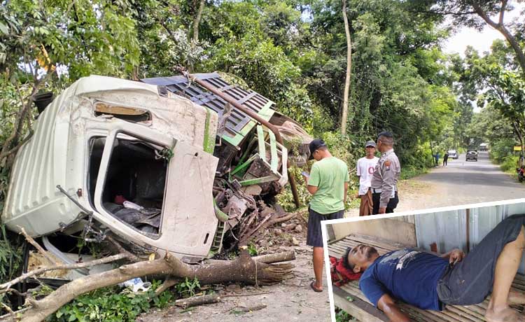 Kondisi truk usai nyemplung parit di ruas jalan Ngembal, Tutur. Inset sopir truk yang berhasil meloncat saat truk hilang kendali.