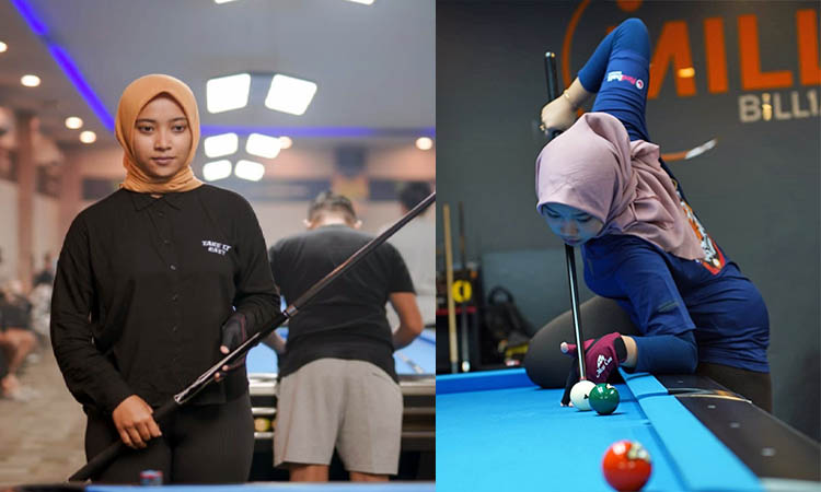 DUET ANDALAN: Gaya Abel (kiri) dan Amel saat berlaga di sebuah kompetisi biliar.