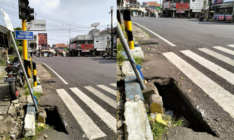 BERLUBANG: Persimpangan empat ruas jalan RA Kartini, Kelurahan Jogosari, Kecamatan Pandaan yang tampak berlubang. Kondisi itu, membahayakan pengguna jalan.&nbsp;