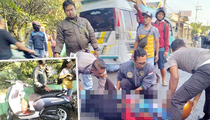 Petugas dibantu warga saat mengevakuasi jenazah korban. Inset motor korban ikut diamankan. (Rizal Syatori/ Radar Bromo)