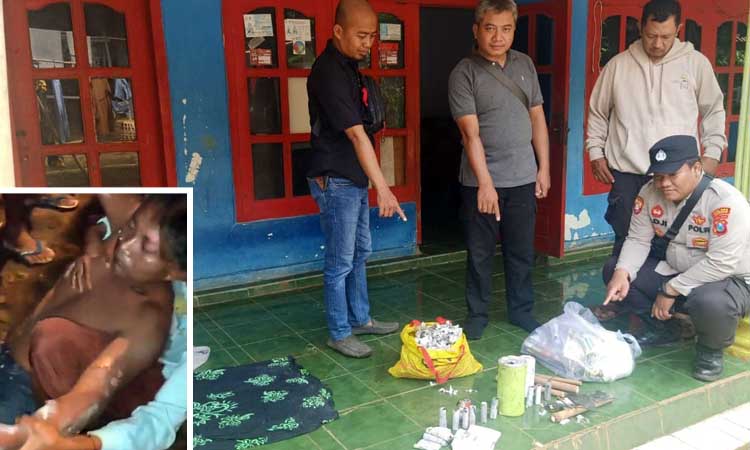 Petugas saat mengamankan sejumlah barang bukti pembuatan mercon. Inset Joko saat dievakuasi usai terjadi ledakan.