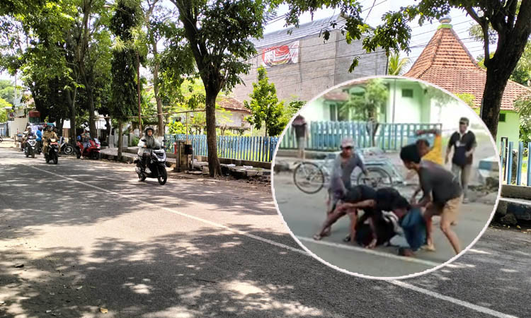 TKP: Ruas Jalan Imam Bonjol, Kelurahan Sidomukti, Kecamatan Kraksaan tempat terjadinya pengeroyokan. Inset, kejadian pengeroyokan di Jalan Imam Bonjol.&nbsp;
