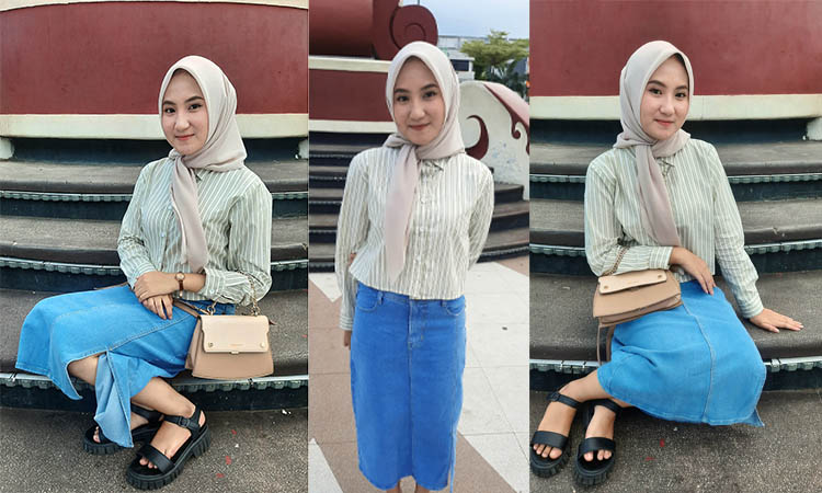 MODIS: Lilik Fauziah dengan gaya kasual. Memadukan denim dan kemeja untuk aktivitas sehari hari.