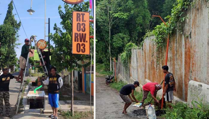PASANG LAMPU- Anggota karang taruna (karta) Heppiii Community saat memasang tiang lampu penerangan jalan umum (PJU) di Probolinggo, Jatim di tempat-tempat yang memerlukan penerangan.