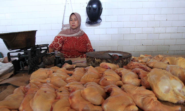 FLUKTUATIF: Pedagang ayam di Pasar Kebonagung yang sedang menanti pembeli.