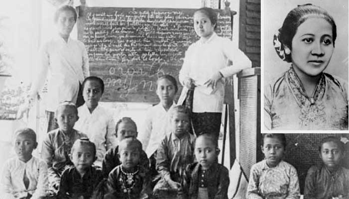 Kartini, Roekmini, Kardinah, dan Soemantri bersama murid-muridnya, Jepara, sebelum 1904. Inset, RA Kartini semasa hidup. (Istimewa)