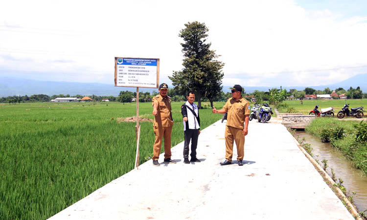 PROSES BANGUN: Kades Jatiurip M. Hendrik (kiri) memperlihatkan pembangunan rabat beton di Dusun Krajan 2. Pembangunan ini merupakan program ketahanan pangan untuk mendorong keberhasilan pertanian.