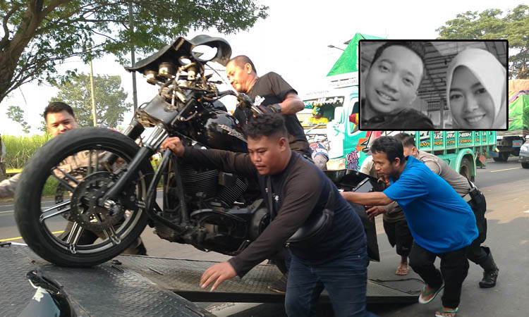 EVAKUASI: Moge yang dikendarai dokter Azis dan istrinya, rusak berat setelah kecelakaan di Jalan Raya Pantura, Desa Banjarsari, Sumberasih, Kabupaten Probolinggo, Minggu 928/4). Inset, almarhum dokter