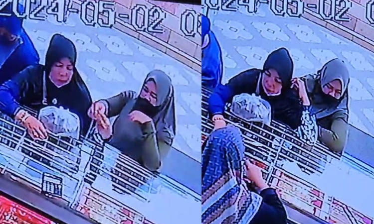 EMAK: Dua emak-emak terekam CCTV saat mencuri sebuah kalung emas di sebuah toko emas di Jalan Kyai Sekar, Desa Sumberkedawung, Leces, Kabupaten Probolinggo, Kamis (2/5) pagi.