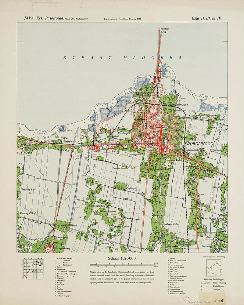 PETA: Peta Java, Res. Pasoeroean (oude Res. Probolinggo) tahun 1914 yang menunjukkan gedung Gouvernement Telefoonkantoor di Heren Straat atau Jalan Tuan-Tuan (sekarang Jalan Suroyo).