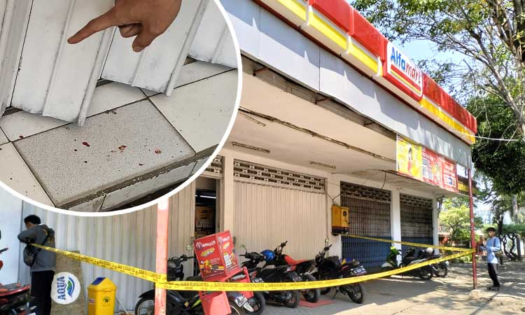 TKP: Petugas memasang police line di Alfamart Sumberlele, Kraksaan tempat kejadian perampokan. Inset darah kasir tercecer di lantai usai kena pisau pelaku. (Achmad Arianto/ Radar Bromo)