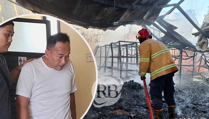 Petugas berupaya memadamkan api yang melalap wisata Tas Rajut Kaboki di Sukorejo, Kabupaten Pasuruan. Inset Seohartono (kaus putih) sang sekuriti saat diamankan petugas. (M Busthomi/ Radar Bromo)