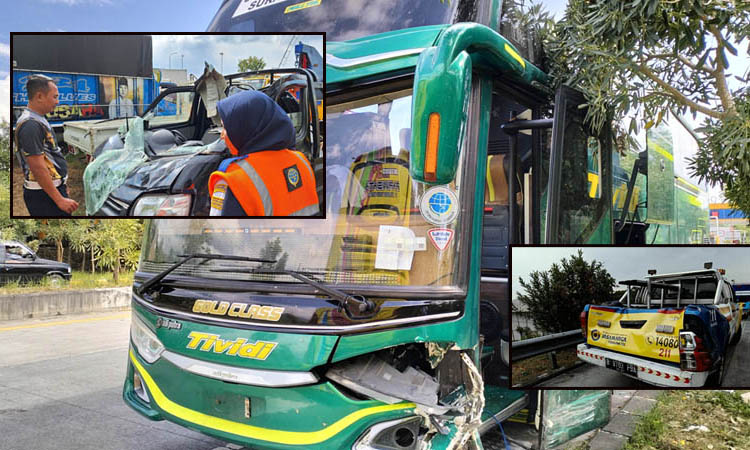 INSIDEN KEDUA: Bus Tividi Putra Sarana yang terlibat kecelakaan di ruas jalan Tol Pandaan-Malang Km 58.511, Desa Mojotengah, Kecamatan Sukorejo.