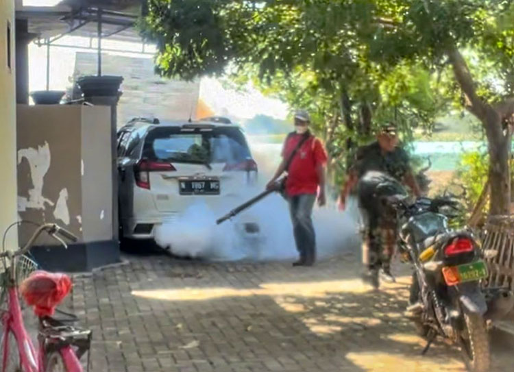 PERANGI DBD: Petugas melakukan fogging di Kecamatan Dringu. Tercatat, ada belasan kasus DBD di Kecamatan Dringu.