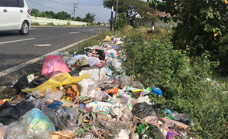 MENUMPUK: Tumpukan sampah menggunung di pinggir Jalan Raya Leces, Desa Warujinggo, Kecamatan Leces, Kabupaten Probolinggo, Minggu (7/7).