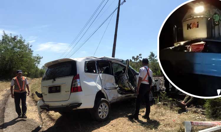 Kondisi mobil Innova yang dinaiki Kiai Abu Nawas usai tertabrak KA Blambangan Ekspres. Inset, Lokomotif CC 201 yang menarik KA Blambangan saat menabrak mobil Innova.