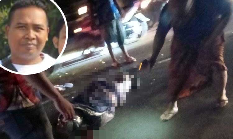 KORBAN TABRAK LARI: Jenazah korban saat di lokasi kejadian. Inset korban semasa hidup.