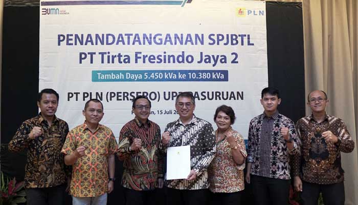 PLN UP3 Pasuruan melaksanakan acara penandatanganan Surat Perjanjian Jual Beli Tenaga Listrik (SPJBTL) dengan pelanggan industri PT Tirta Fresindo Jaya 2.