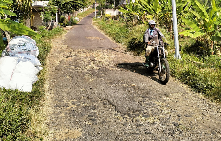 HARUS WASPADA: Pengendara motor melintas di jalan Kabupaten Pasuruan di Dusun Kebonagung, Desa Sukolelo, Kecamatan Prigen.
