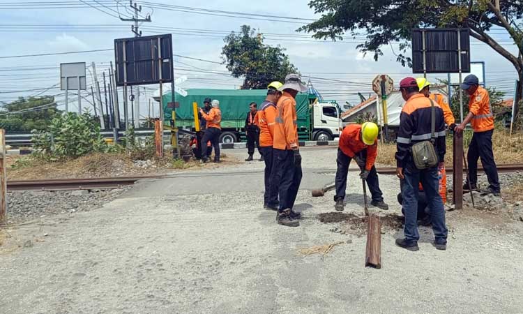 DIPERSEMPIT: Petugas dari PT KAI Daop 9 Jember  memasang patok untuk mempersempit perlintasan KA di Desa Pesisir, Kecamatan Sumberasih. Agar pengendara yang melintas lebih hati-hati.