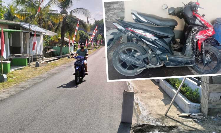 TKP: Lokasi korban diserempet motor tak dikenal hingga menabrak pot bendera dan pagar rumah warga. Inset motor korban.
