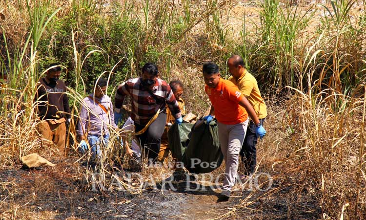 MASIH MISTERI: Petugas saat mengevakuasi jenazah mayat yang ditemukan dalam kondisi gosong di kebun wilayah Sanganom, Nguling, Kabupaten Pasuruan. (Mokhamad Zubaidillah/ Radar Bromo)