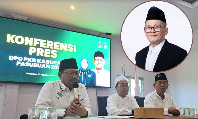 UMUMKAN RESMI: Plh Ketua DPC PKB Kabupaten Pasuruan Sudiono Fauzan mengumumkan pemecatan Shobih Asrori didampingi Dewan Syura. Inset Gus Shobih.